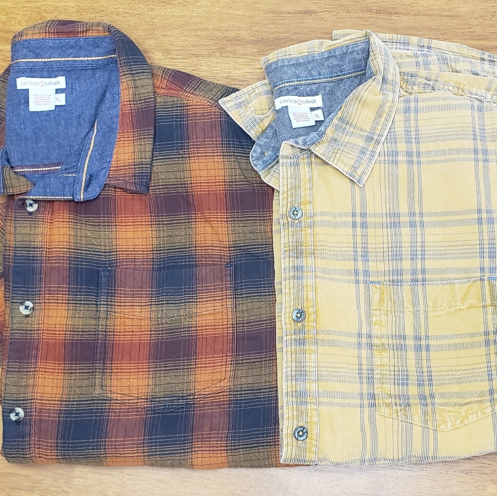 2 X Bundle Carbon2Cobalt Button Down Plaid Shirts XL- Orange and Yellow Casual